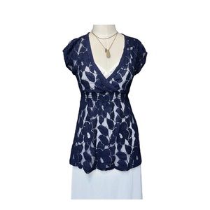 Y2K Floral Babydoll Lace Top V Neck Eyeshadow Sheer Size M